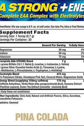 Nutrition label for MHP EAA Strong with amino acids and electrolytes, flavored coconut, Pina Colada variant.